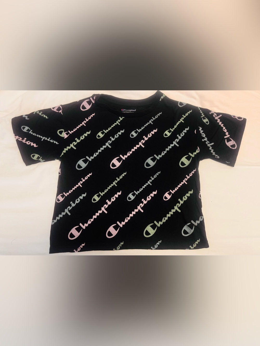 Champion Authentic Athletic wear Black Multi Color All Over Logo Crop Top